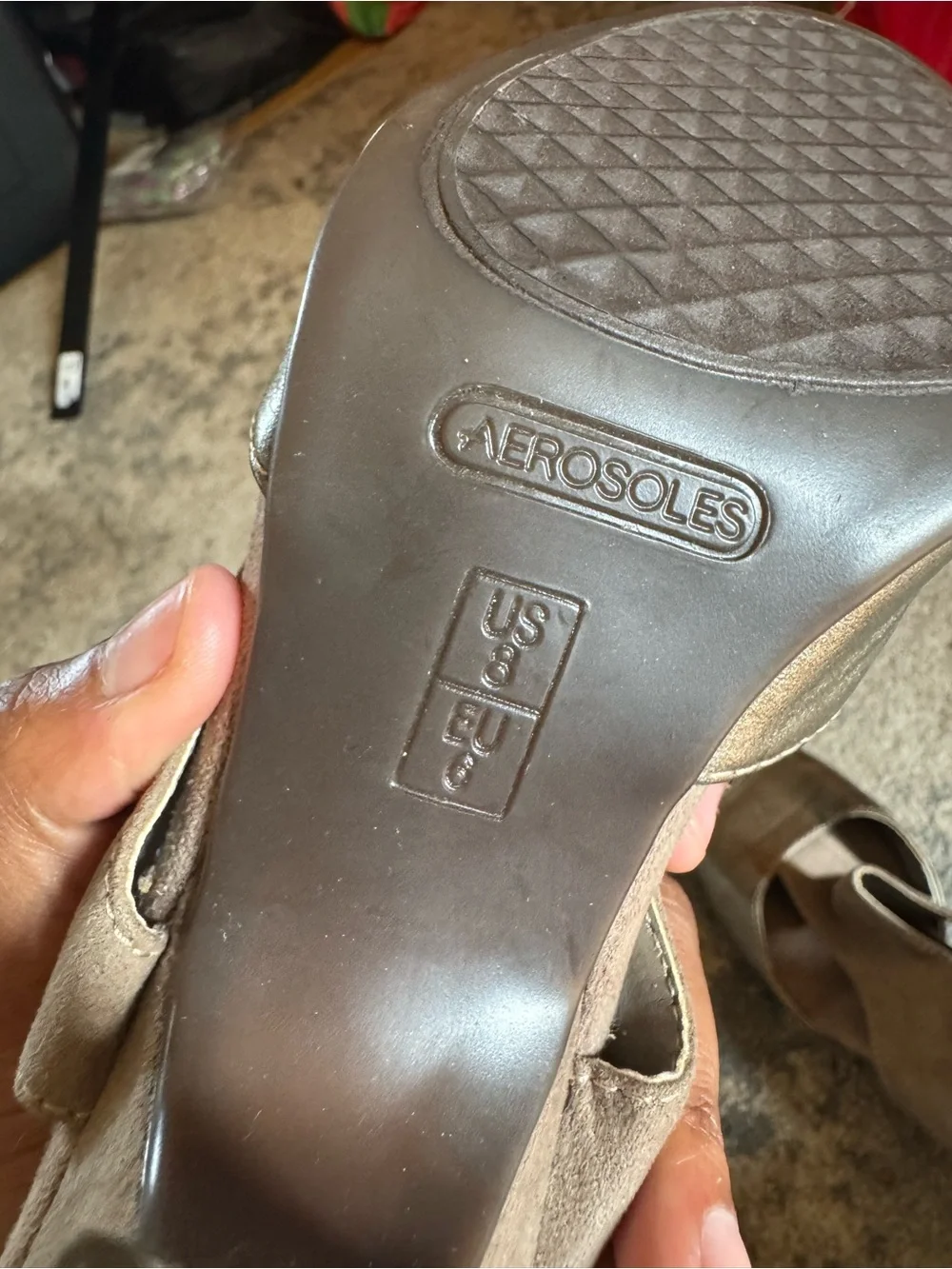 AEROSOLES Taupe Suede and Metallic Gold Wedge Slingbacks